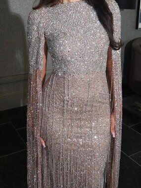 Iyza Belaar Aleya Hooded Sequin Cape Evening Gown